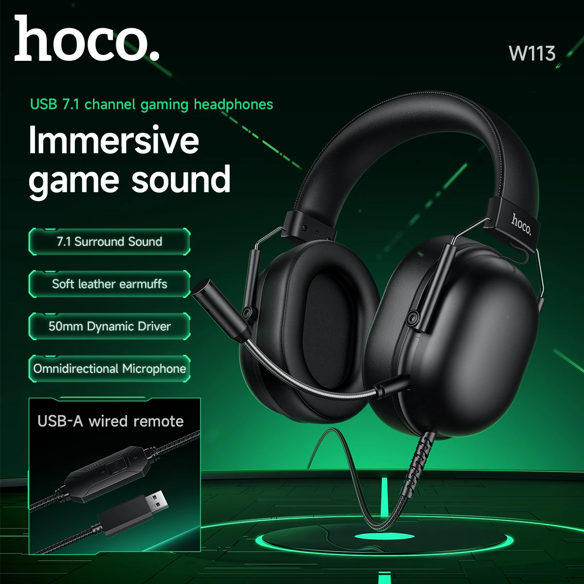 HOCO USB7.1 Channel Gaming Headphones with Wired Volume Control Omnidirectional Mic 50MM Large Speaker Surround Stereo Earphones