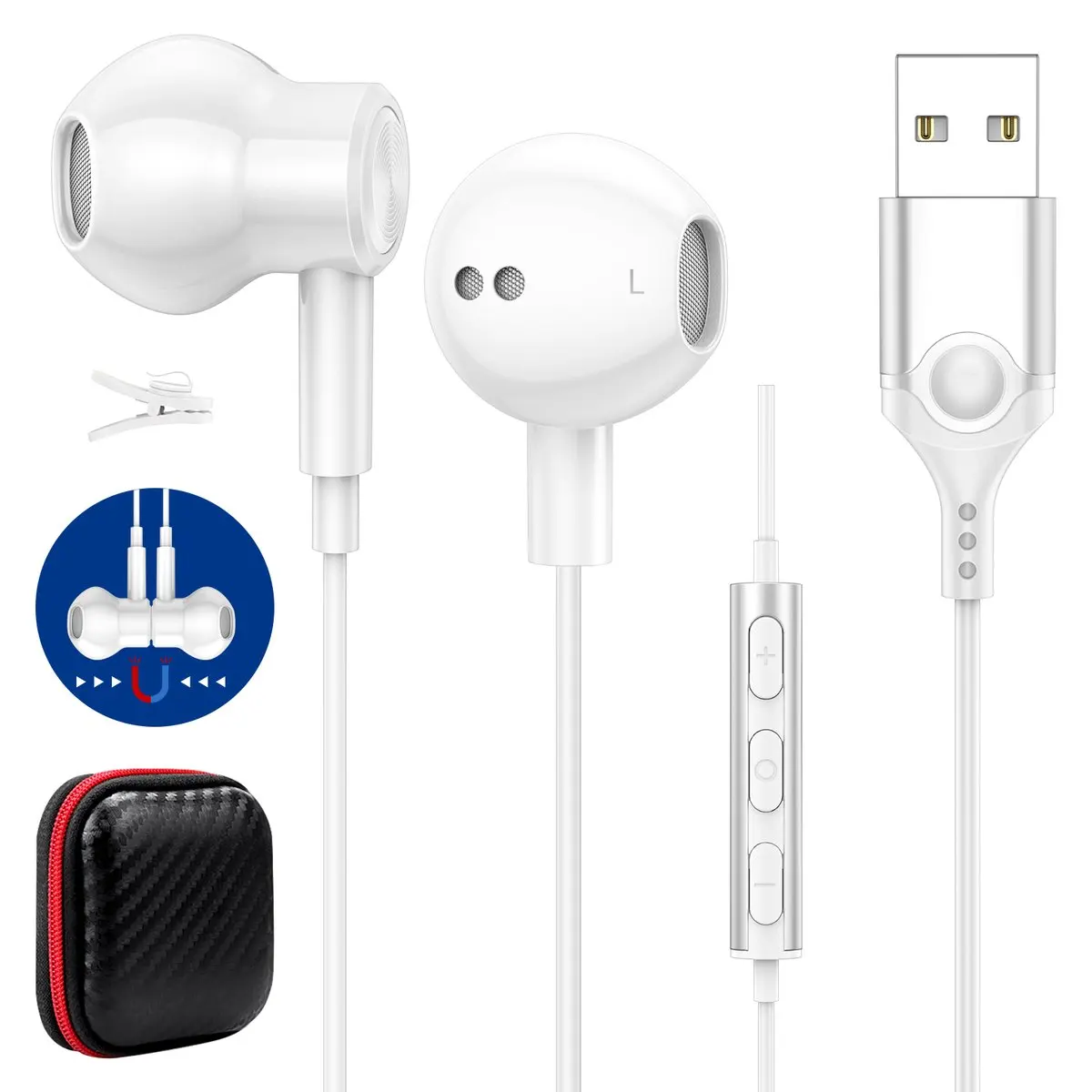 USB A Earbuds with Microphone for PC Desktop 7.5FT Headphones for Computer Laptop Magnetic Wired USB Headset Noise Cancelling