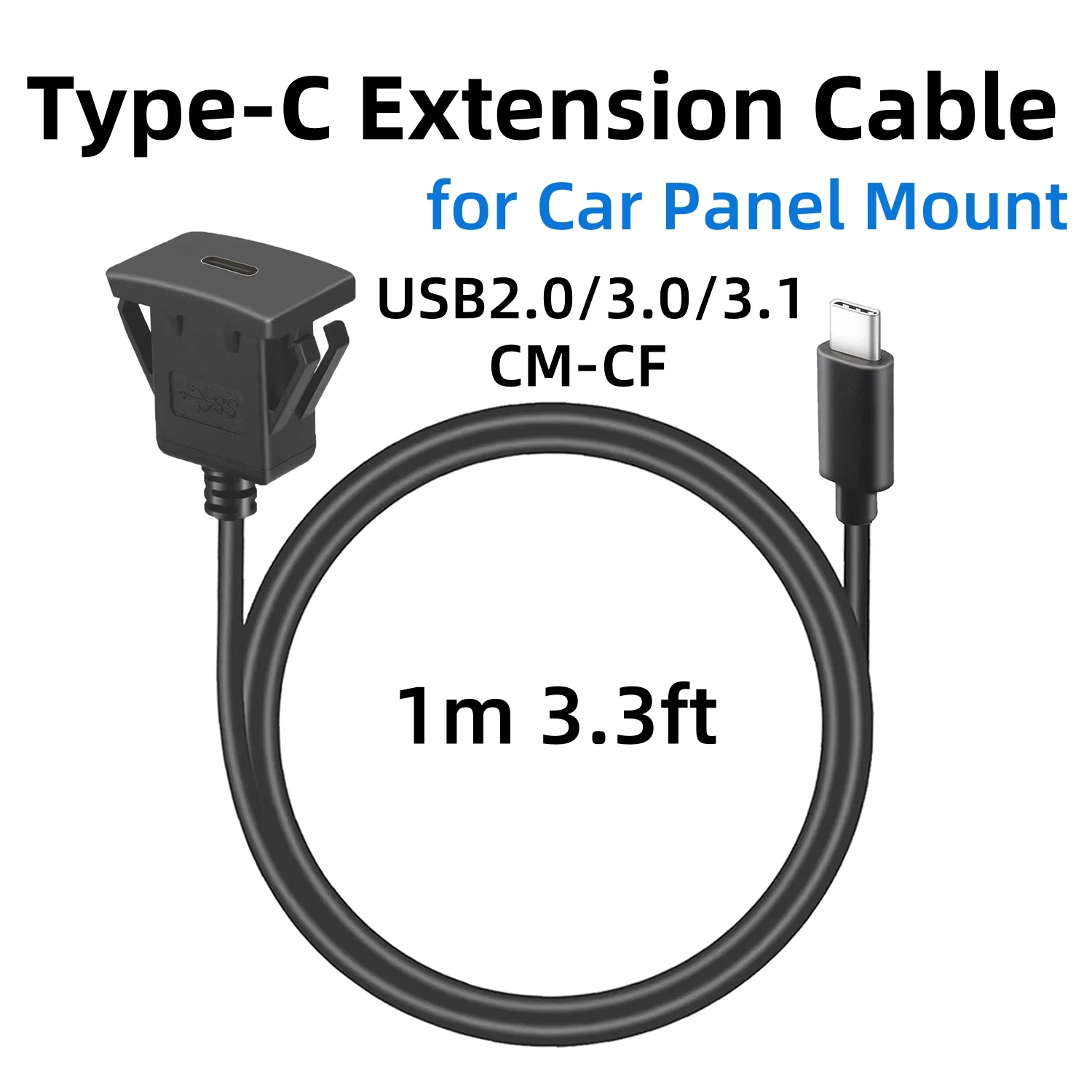 1M USB 2.0/3.0/3.1 Cable Square Type C Male to Female Flush Mount Panel Extension Cord for Car Truck Boat Motorcycle Dashboard
