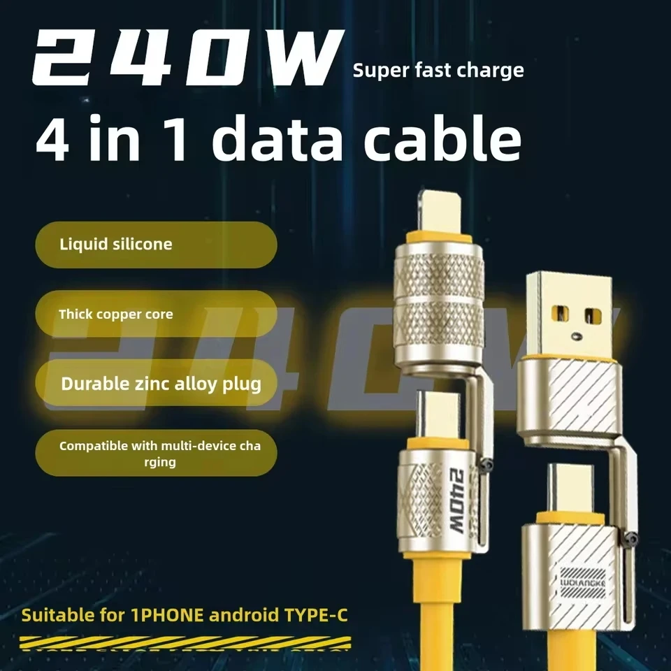 240W 4 in 1 Fast Charging Data Cable USB Type C Multi Port Quick Charge Wire Line PD 5A Cord for IPhone17 16 Samsung Xiaomi