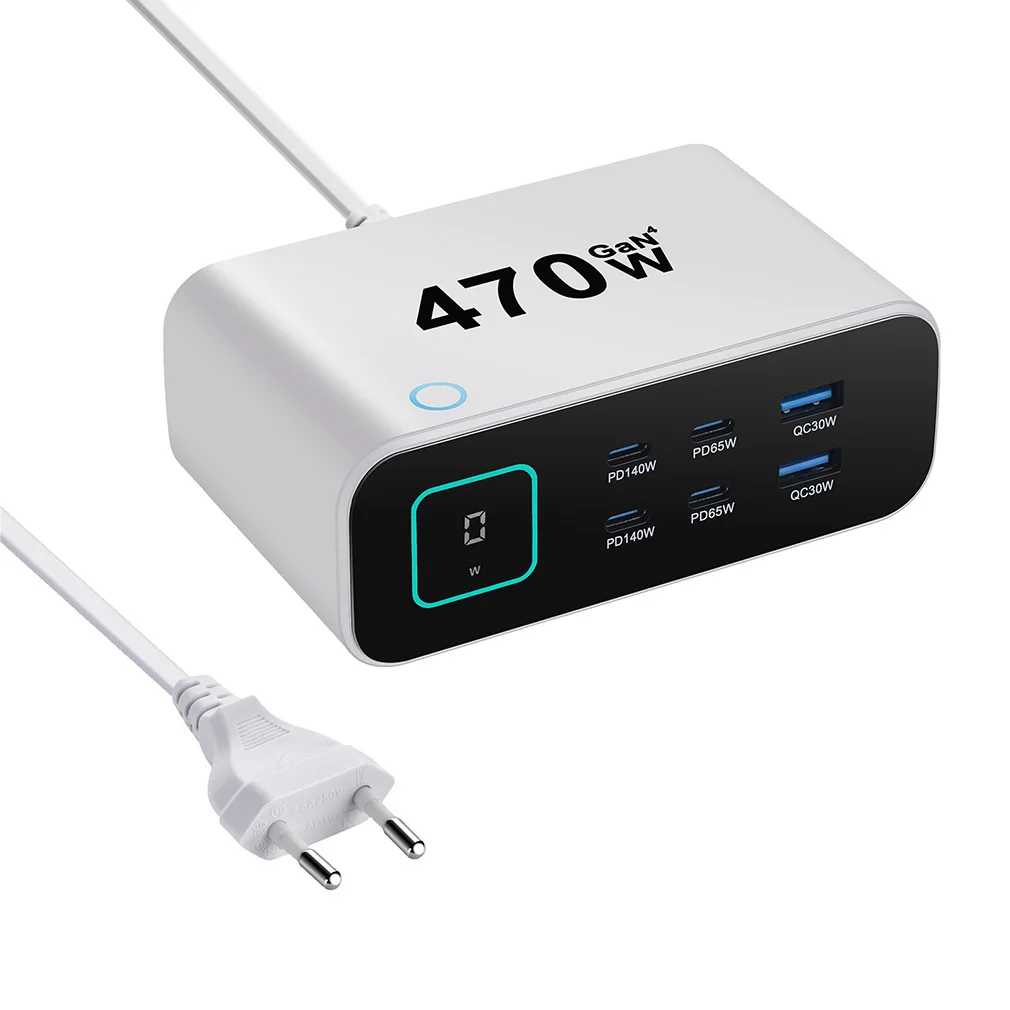 TFT Digital Display 470W GaN Desktop Charger Ultra-Portable USB-C PD 6-Port 4C2A Fast Charging for Phone & Tablets Dropshipping