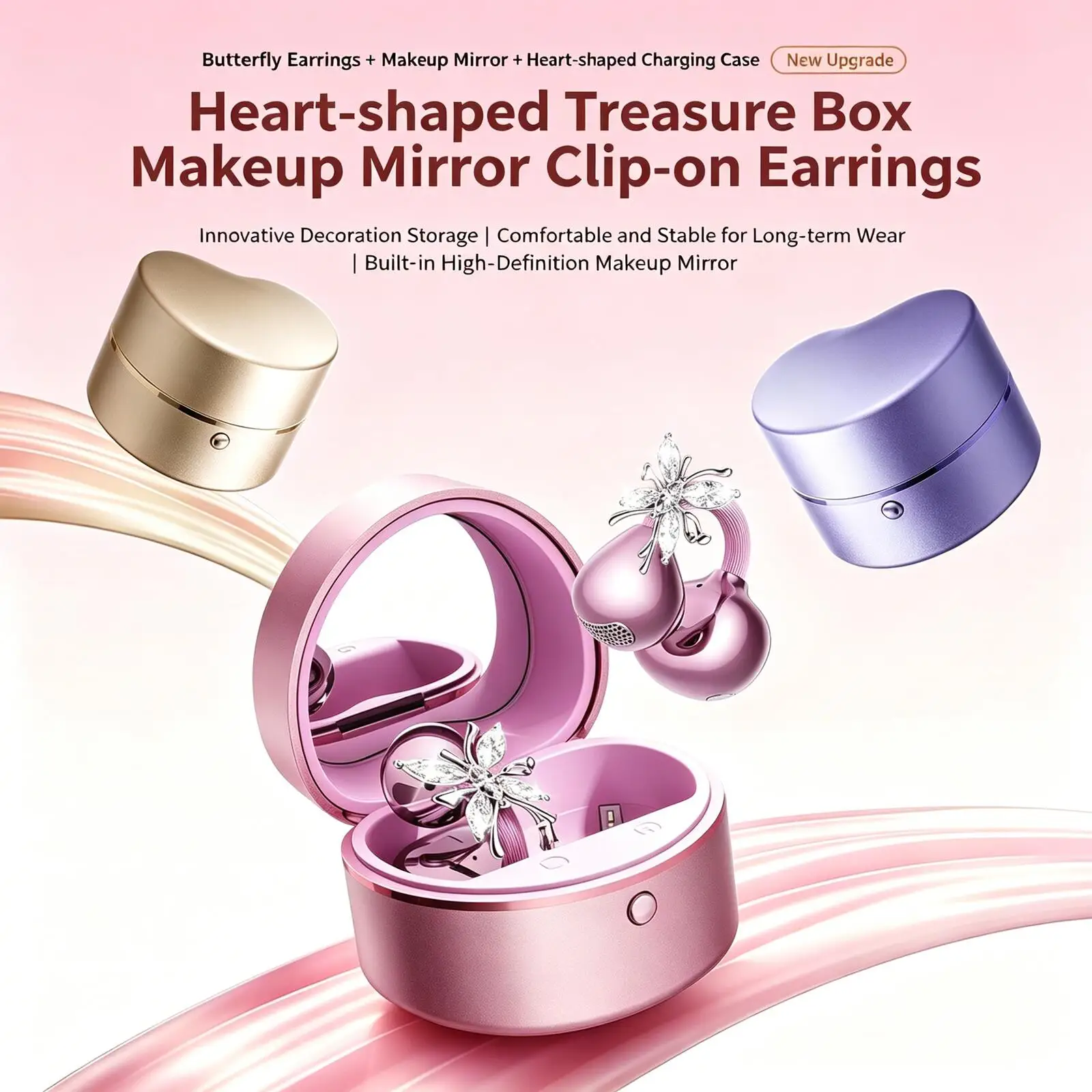 Wireless Bluetooth Earphones with Butterfly Earrings & Heart Charging Case & Makeup Mirror, Long Battery Life Couple Girl Gift