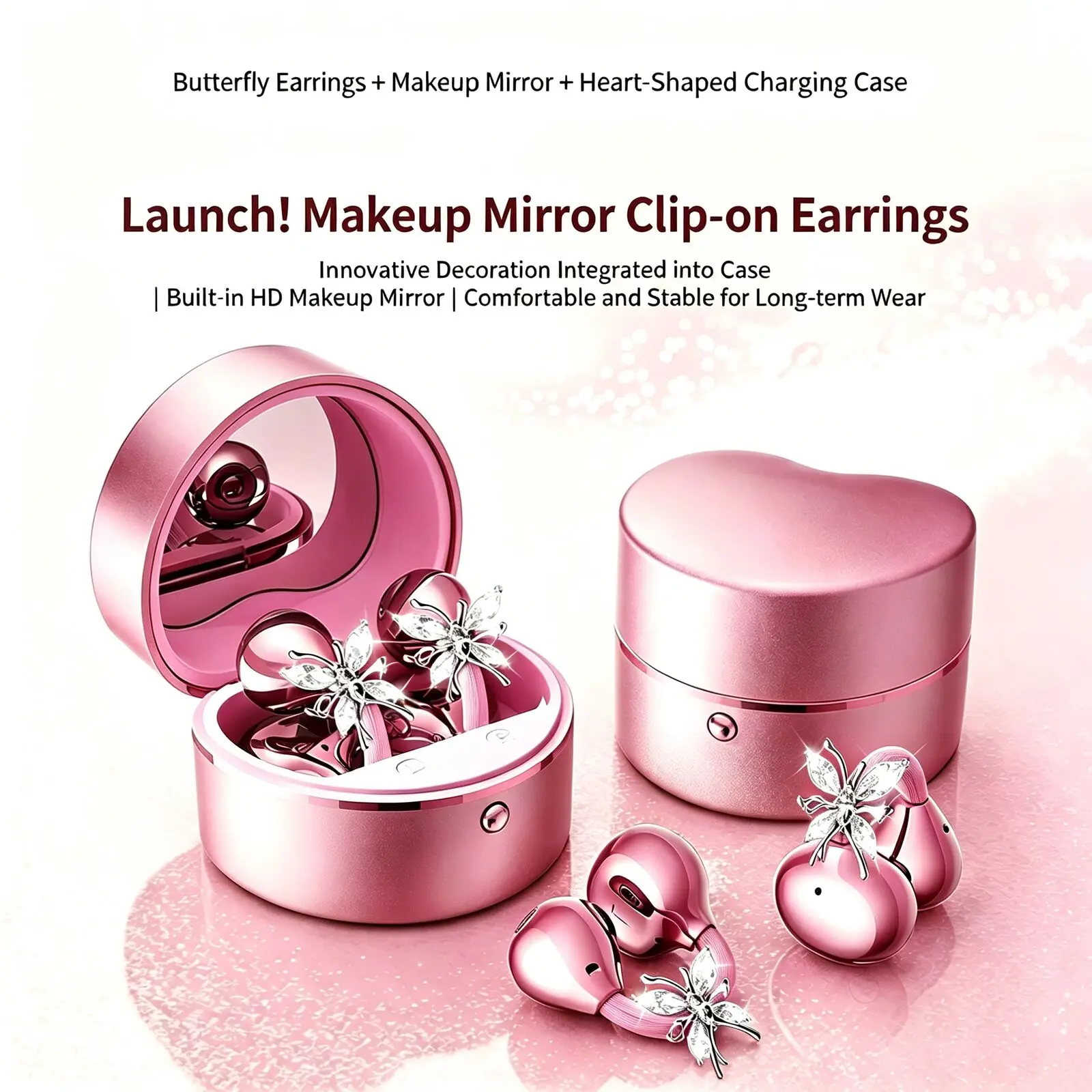 Butterfly Bluetooth Earphones with Heart Charging Case & Makeup Mirror, Secure Fit, IP67 Waterproof, Idea Gift for Girl Couple