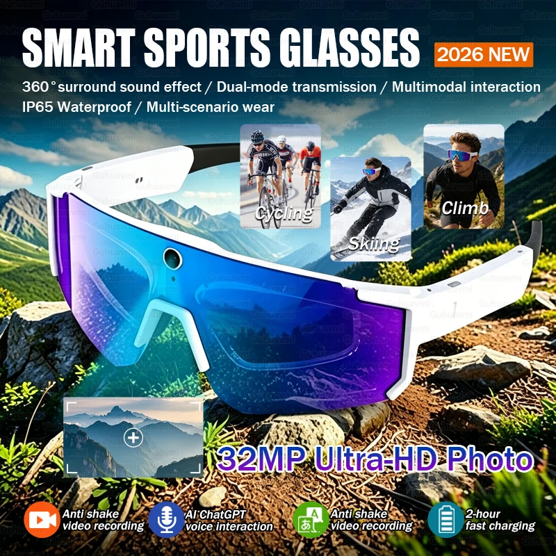 2026 New Smart Shooting&Recording Glasses Anti-Shake 800W HD Camera AI Voice Assistant Bluetooth Call Goggles for Cycling Skiing