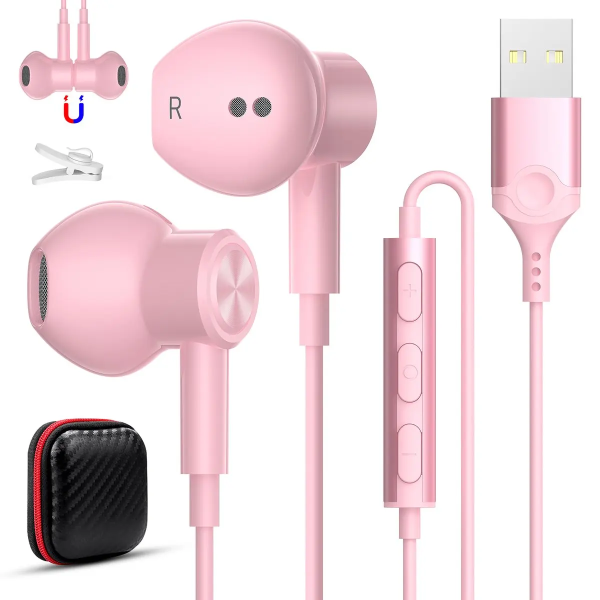 Pink USB A Headphones 7.5FT Wired Magnetic Earbuds with Mic Control Mute Noise Isolate In-Ear USB Computer Headset for PC Laptop