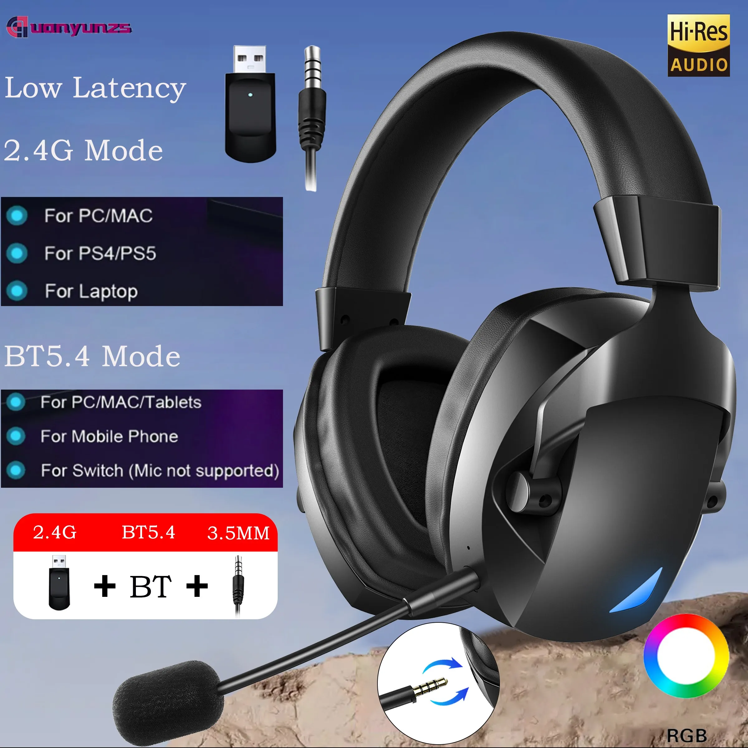 Wireless Gaming Headset 2.4G RGB BT5.3 Headphones Gamer Low Latency 7.1 Surround Sound ENC Mic Earphone for PC PS4 PS5 Switch