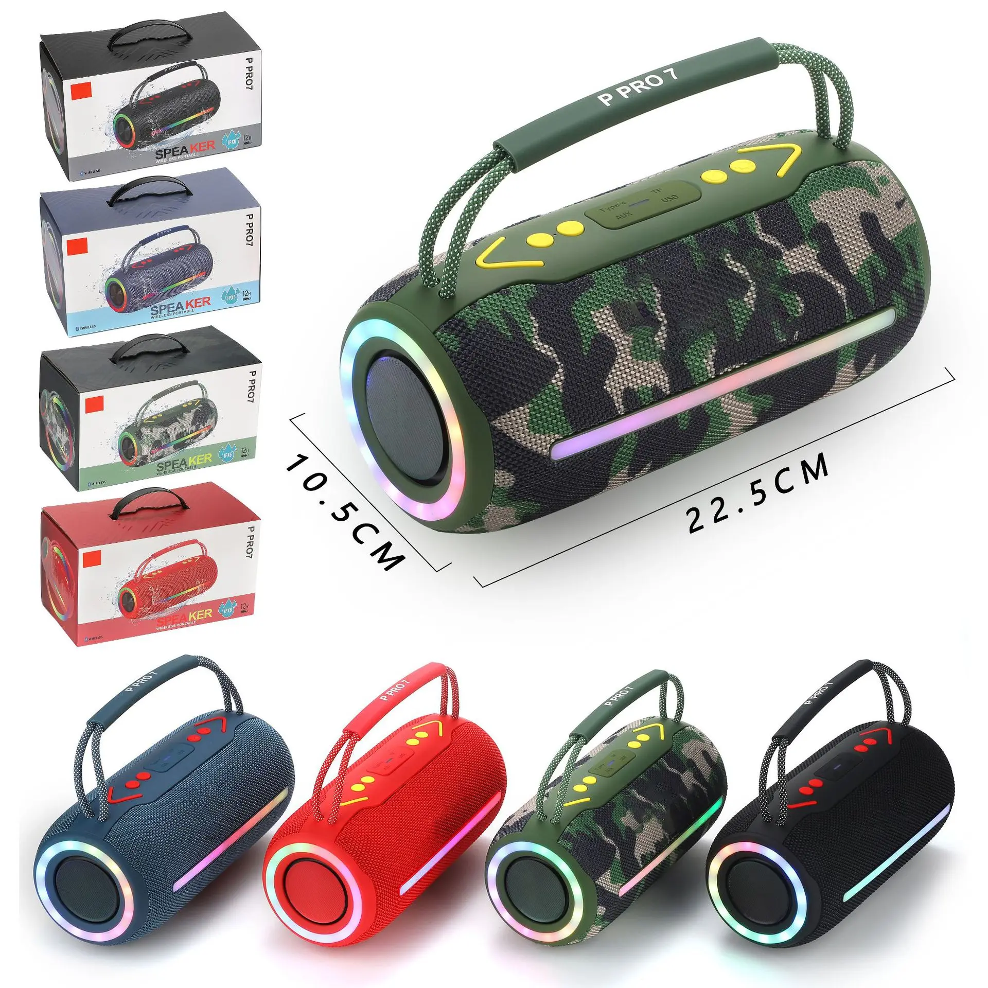 PRO7 BOOMBOX bluetooth speaker portable RGB colorful light waterproof wireless subwoofer 360 stereo surround TWS FM boombox