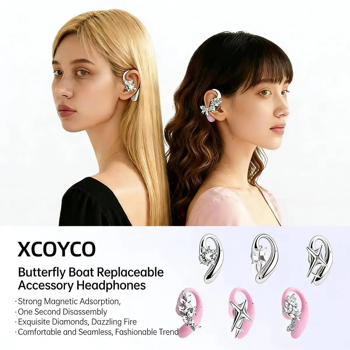 Stylish Bluetooth Wireless Earbuds with 3 Pairs Magnetic Zirconia Earring Interchangeable Long Battery Life Gift for Girls Music