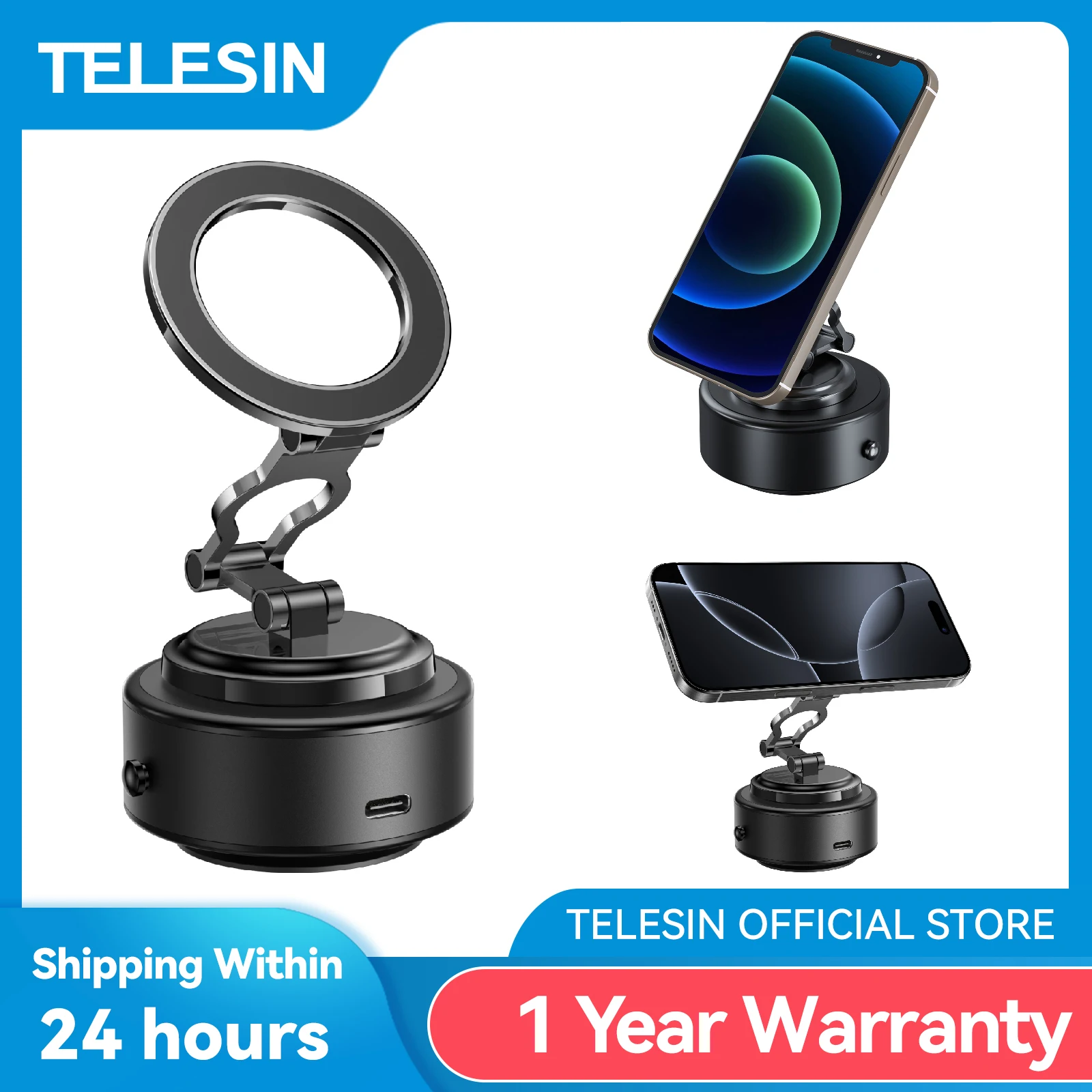 TELESIN Magnetic Electric Suction Cup Car Phone Holder 360° Adjustable Car Mount Stand For Mobile Phone Iphone Andriod Phone