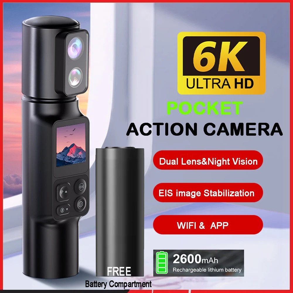 Portable Handheld 6K 5K 4K Action Camera EIS 5X Zoom 350° Rotatable Dual Lens Pocket Sports Camera 50MP Wi-Fi Webcam DV Recorder