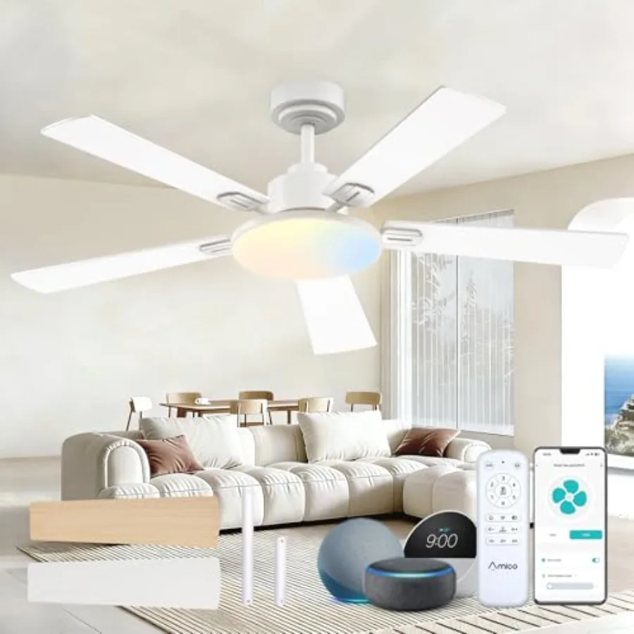 Smart ceiling fan with lights for bedroom and living room: 52 inch, white, DC motor, 5 blades, 6 speeds, 3CCT dimmable light, n