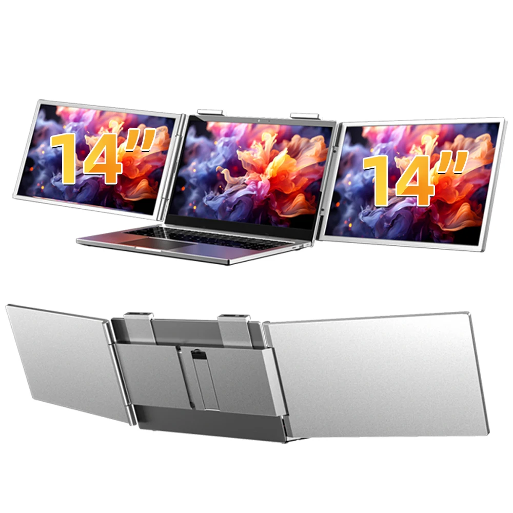 14'' OEM S3 Triple Screen Gaming Portable Monitor FHD IPS Foldable Holder Type-C Interface Built-in Speaker 60Hz Laptop Screen