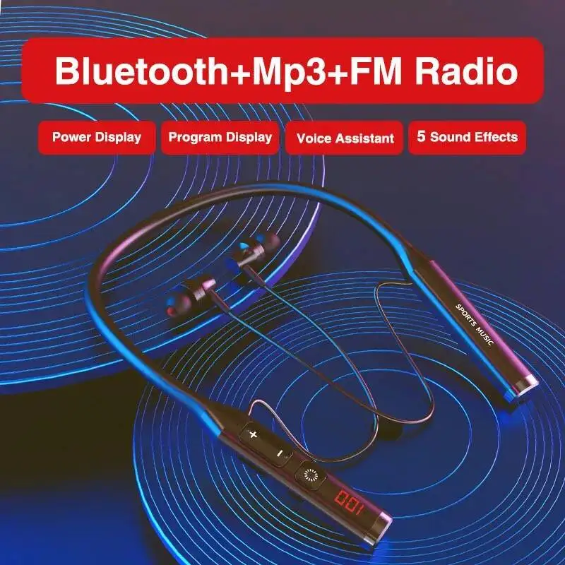 Magnetic Neckband Bluetooth Earphones Smart Button Control Digital Display FM Radio TF Card MP3 Mode IPX6 Sports Travel Earbuds