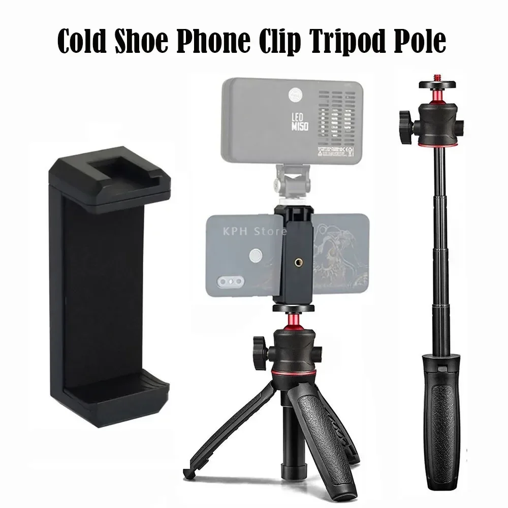 Phone Foldable Extend Pole Tripod Clip Mount with Cold Shoe Mount 1/4'' Screw Interface for iPhone Samsung XIAOMI Mic LED Light