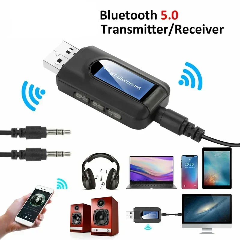 BT10 2 in 1 On-screen Bluetooth 5.0 Audio Transmitter Receiver 3.5mm AUX USB Wireless Adapter BT-10 For Car HIFI PC TV Headphone