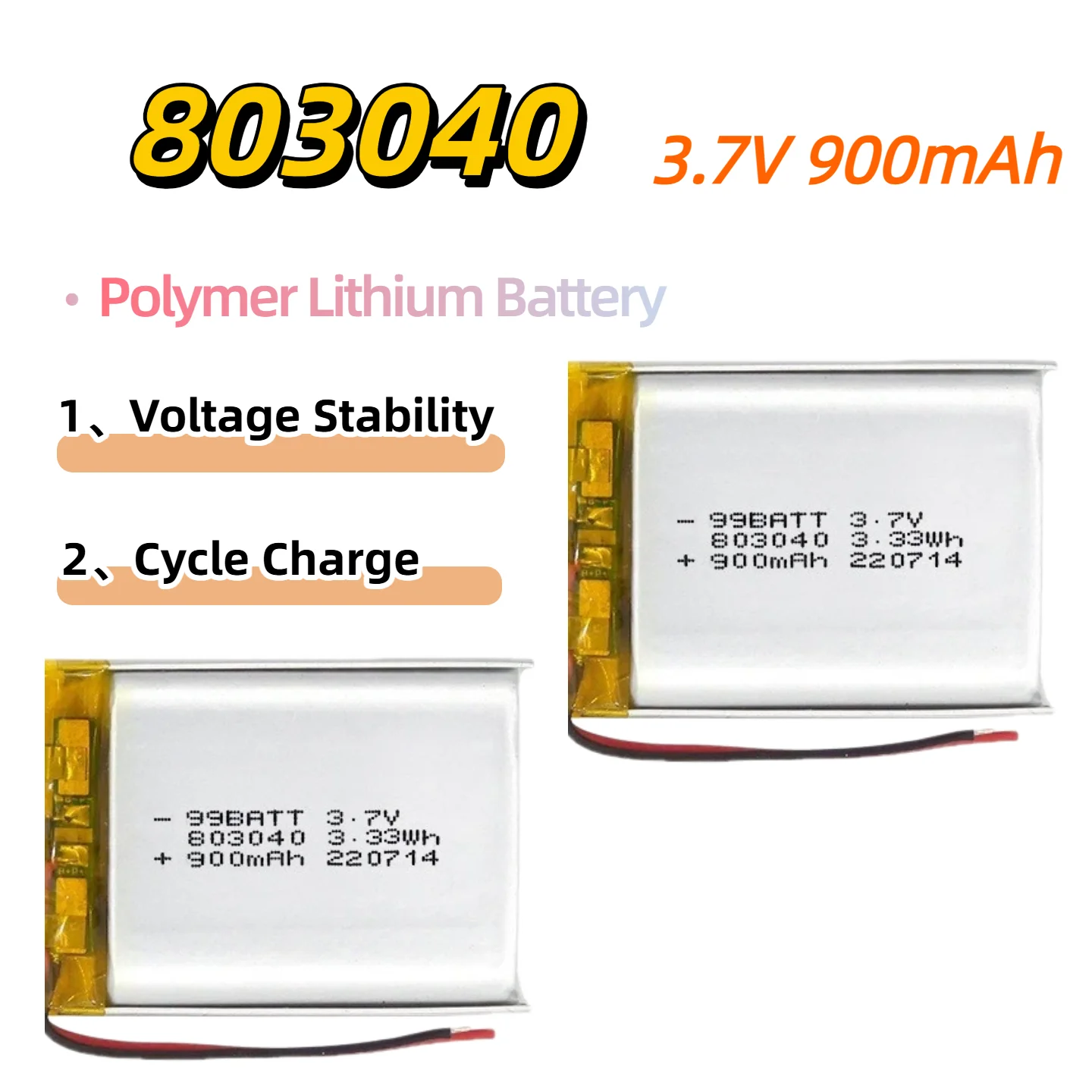 Rechargeable 803040 3.7V 1000mAh Polymer Lithium Battery Suitable for Bluetooth Speakers, Beauty Devices and Car Navigators