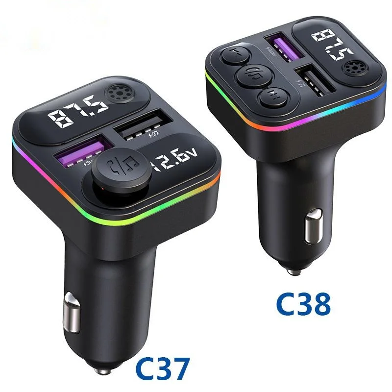 C37/C38 Bluetooth 5.3 EDR Car FM Transmitter Dual USB PD 35W QC3.0 Fast Charge MP3 Player Charger Wireless Light Handsfree Call