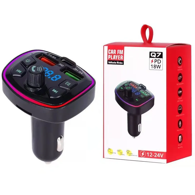 Q7 Multi-function Hands-free Bluetooth Car Charger Car FM Transmitter Bluetooth Mp3 True 3.1A Dual USB Port PD Charging