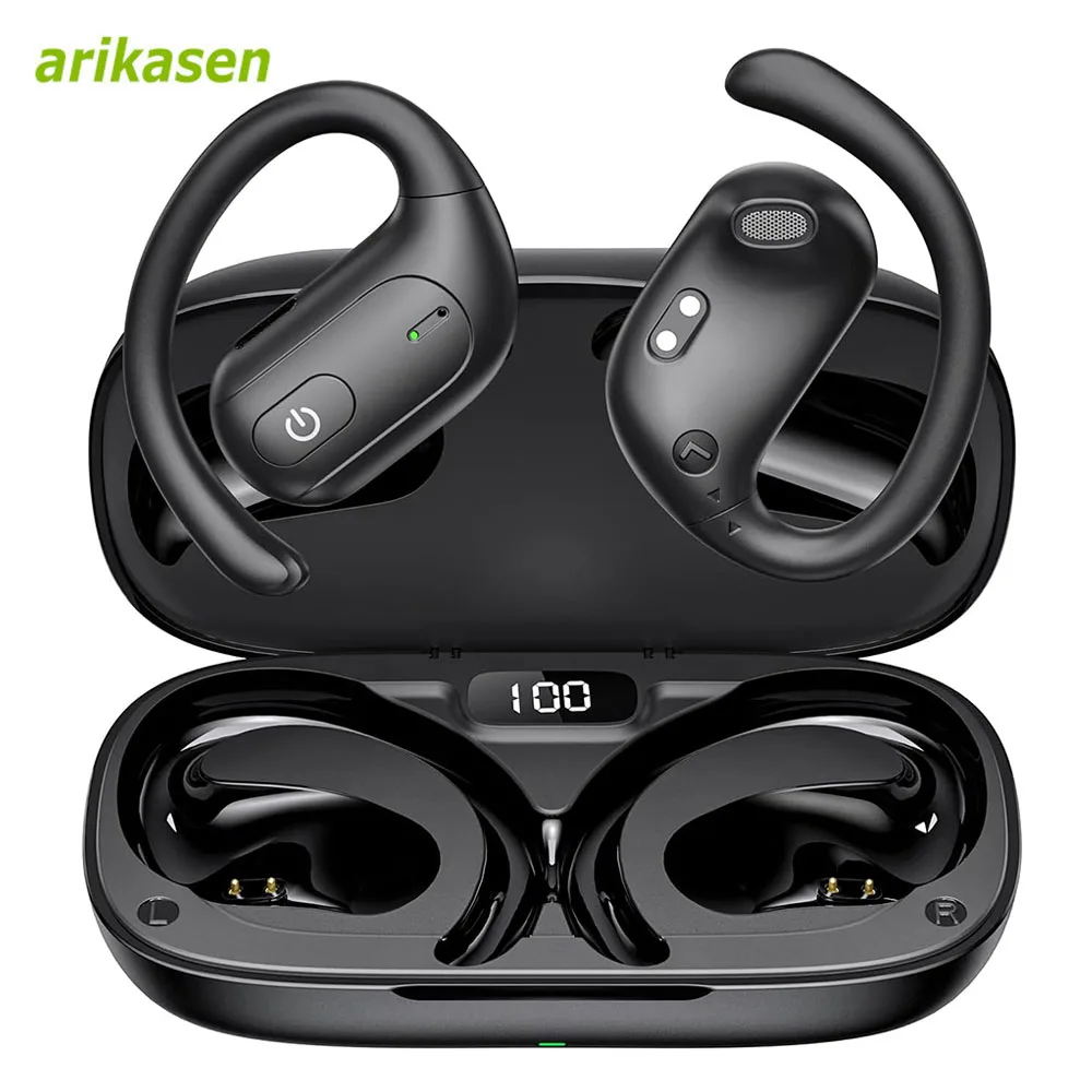 Wireless Bluetooth Headphones Open Ear Earphones with Noise Canceling Mic Open Ear Earbuds Premium Sound LED Display Sweatproof