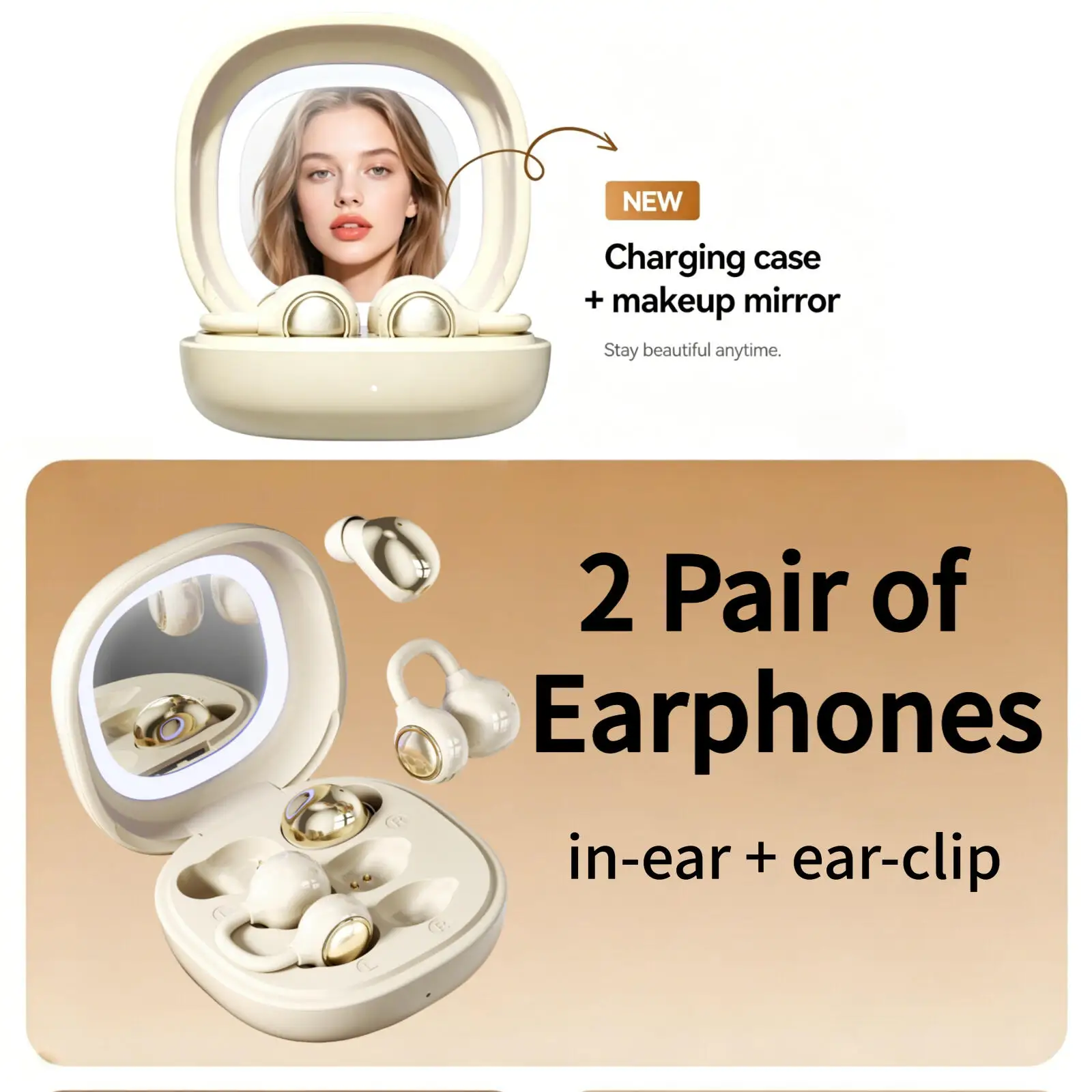 Makeup Mirror 2-in-1 Bluetooth Earbuds Low Latency High Quality Sound Long Battery Life Lightweight Sleep Earphone Couple Gift