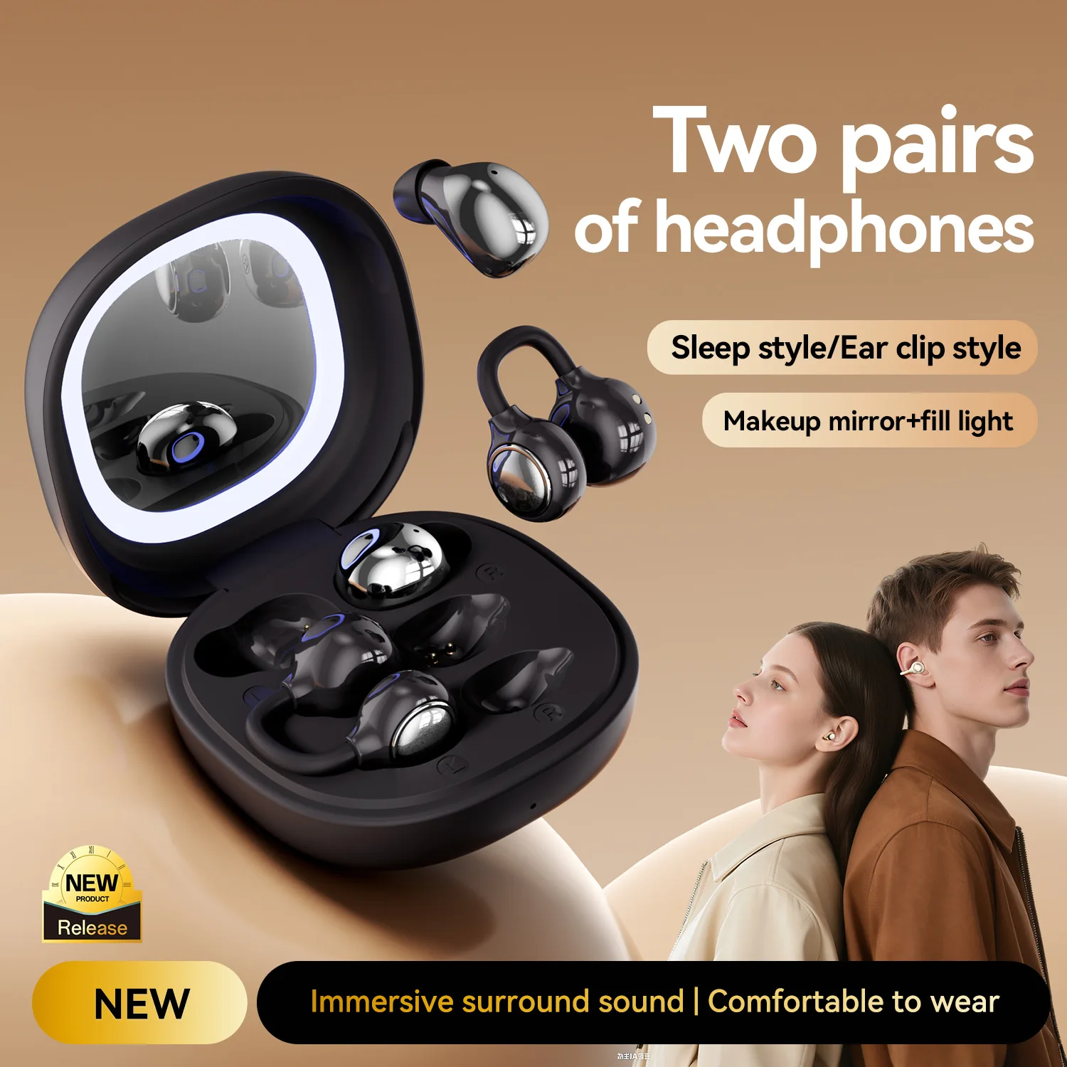 2 in 1 Wireless Earphones Bluetooth 6.0 in-ear & ear Clip Two Pairs of Headphones with Makeup Mirror for Couple Sharing