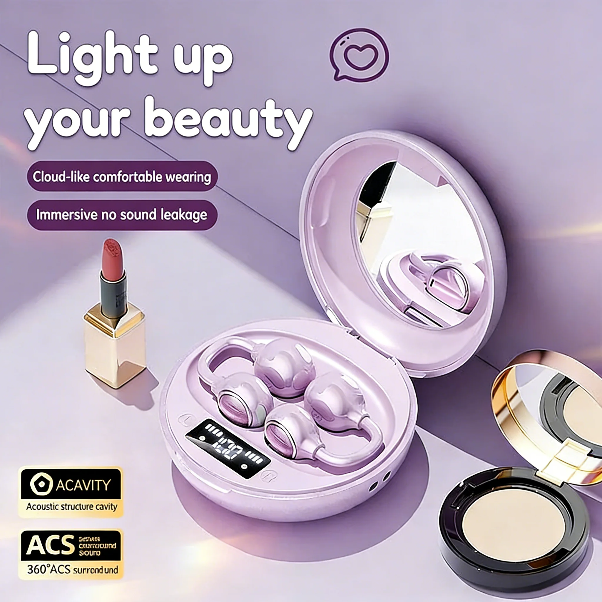 Makeup Mirror Design Ear Clip Earphones Bluetooth 6.0 LED Digital Display HIFI Open Earring Headphones for Girls Gift