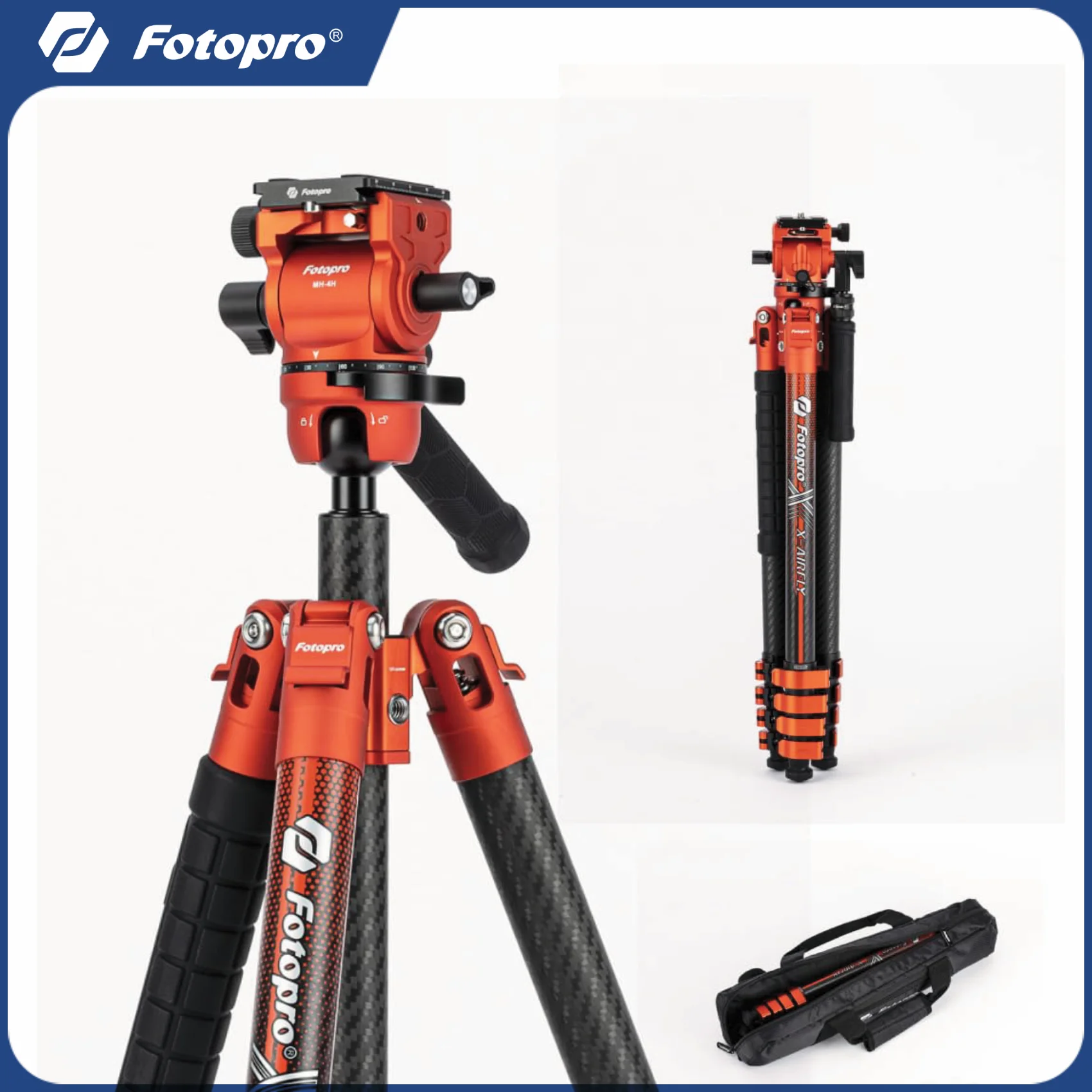 Fotopro X-Airfly Video Carbon Fiber Tripod 164CM Portable Travel Tripod for Camera with  Ball Head Fluid Head  Flip Lock
