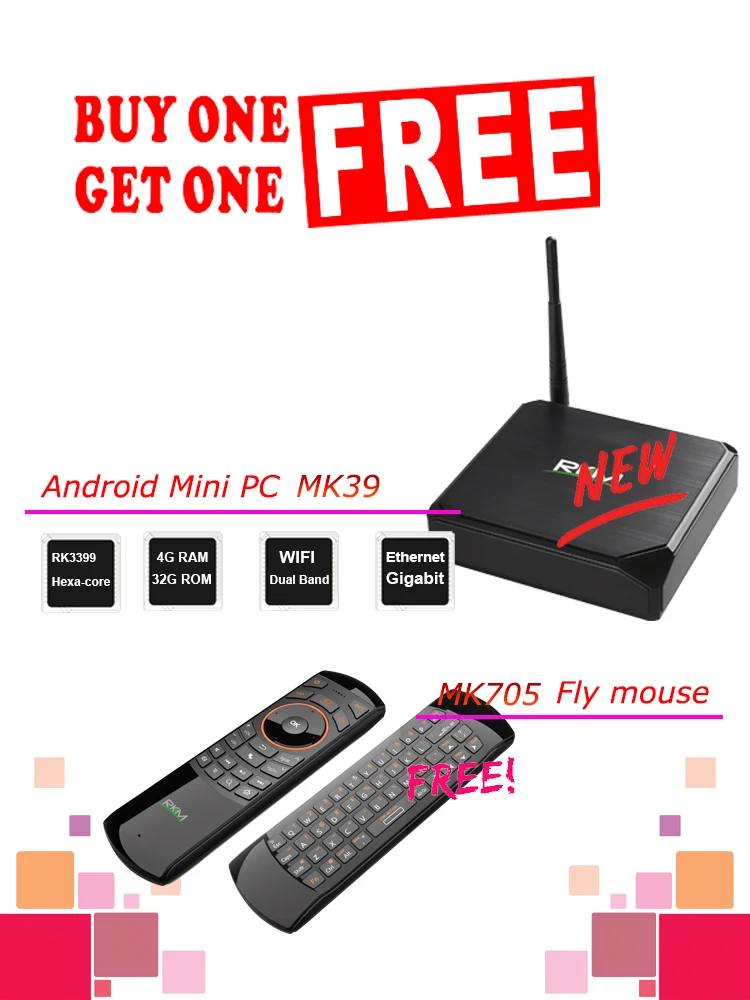 Buy one MK39 Get one MK705 Free!  RKM MK39 Android9.0 Mini PC RK3399 4+32G CPU Digital Signage Player + MK705 Fly mouse