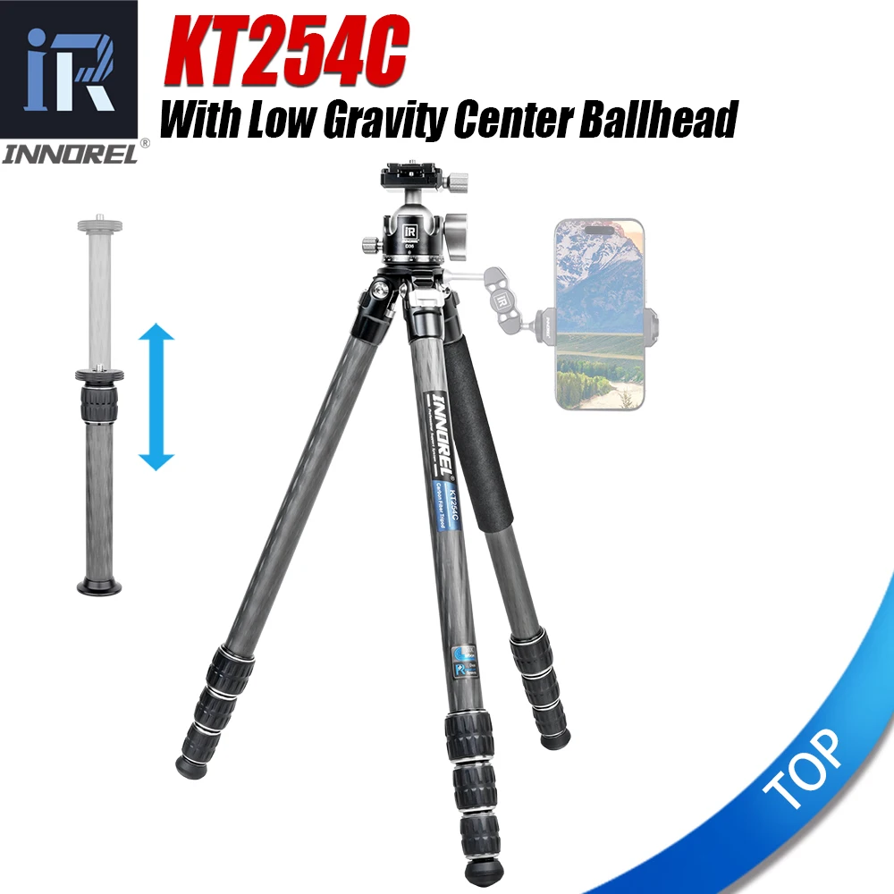 INNOREL KT254C 10 Layer Carbon Fiber Tripod Professional Travel  Compact Camera Stand Support with Short Center Column for DSLR