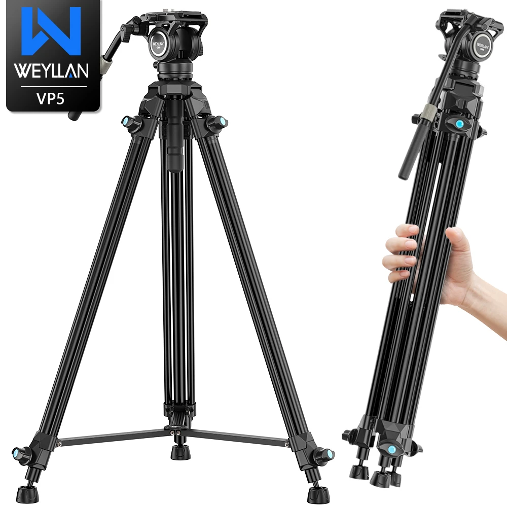 WEYLLAN VP5 Video Tripod 70'' Aluminum Alloy Travel Tripod with Fluid Head DF6 Camera Tripod Small Size Lightweight Load 6kg