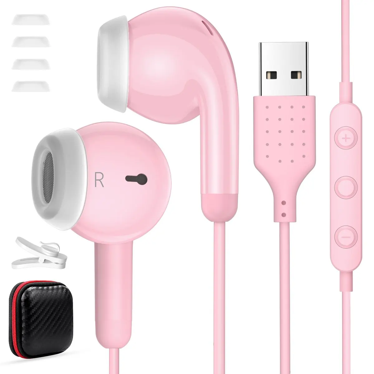2.3m USB Wired In-Ear Headphones with Noise Reduction Earbuds In-Line Mute Control for PC Laptop Desktop Computer Pink Cute Gift