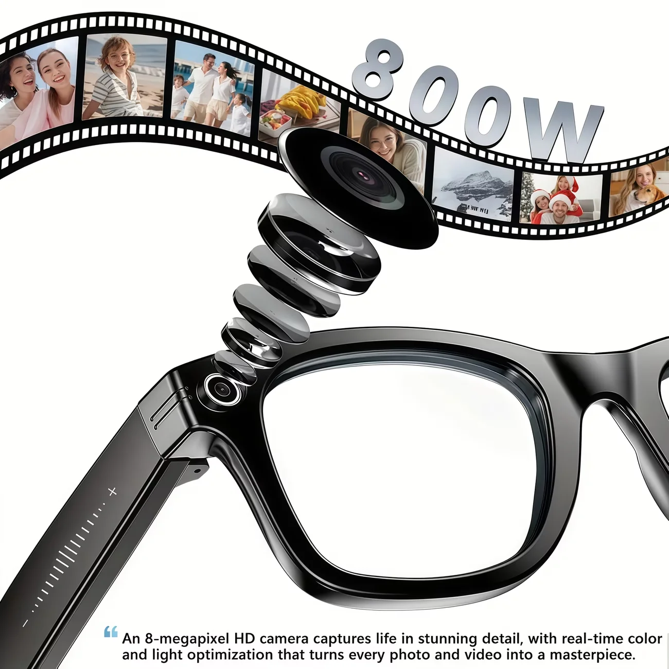 Camera video glasses, smart translation, object recognition via camera, Q&A interaction, Hi-Fi music, and high-definition calls.