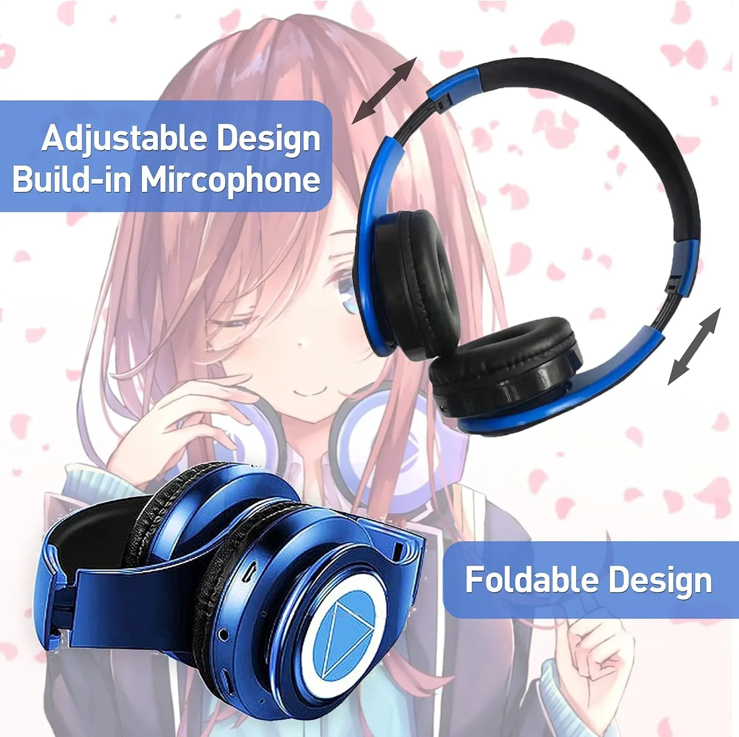 Cosplay Wireless Over-Ear Headphones Anime Voice Prompt Bluetooth 5.0 TF Card & AUX Playback Foldable HIFI Headset for Gaming