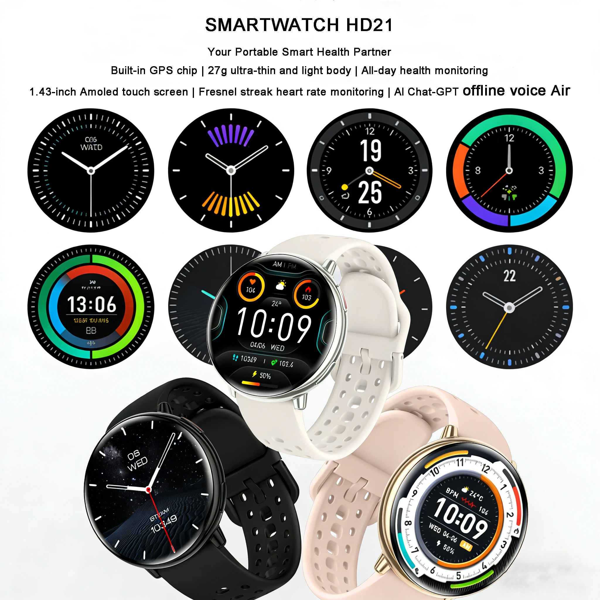 2026 HD21 Military Smart Watch 1.43 Inch GPS Path 5.4Bluetooth Waterproof Health Watches Outdoor Sports And Travel Smartwatch
