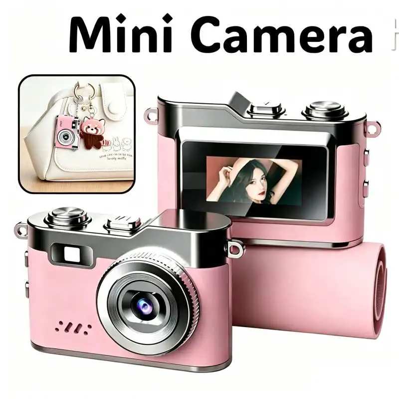 1080P Mini Camera Retro Style Keychain Selfie Camera 0.96'' Display Screen Built in Fill Light Portable Pocket Cam for Kids Gift