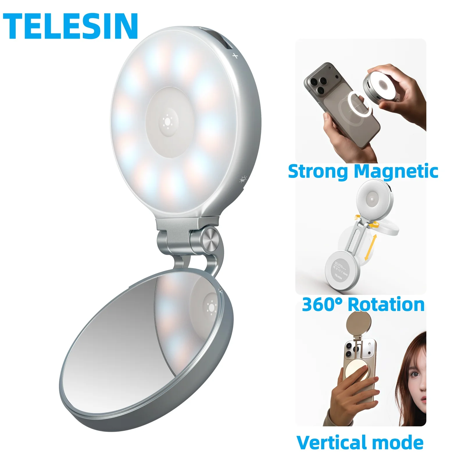 TELESIN Smartphone Magnetic RGB Fill Light 360°RGB Selfie Light 3-Axis Adjustable Stand For Iphone XIAOMI HUAWEI SAMSUNG Phone