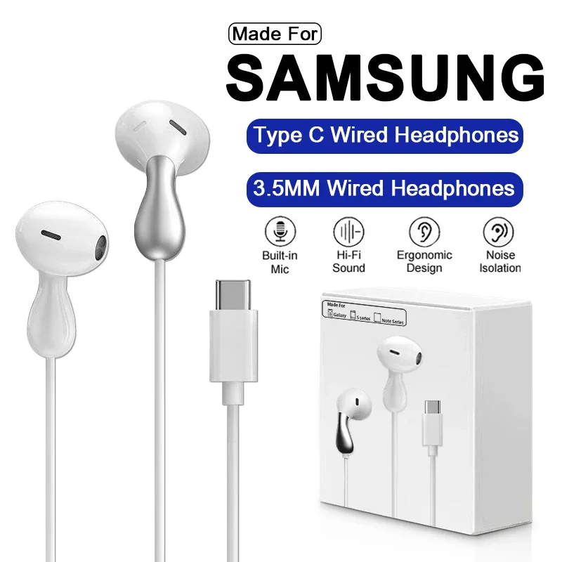 USB Type C Wired Earphone For Samsung Galaxy S25 S24 S23 S22 S21 Ultra Headphones A53 A52 A54 Note 20 3.5mm Jack Earbud Headsetl