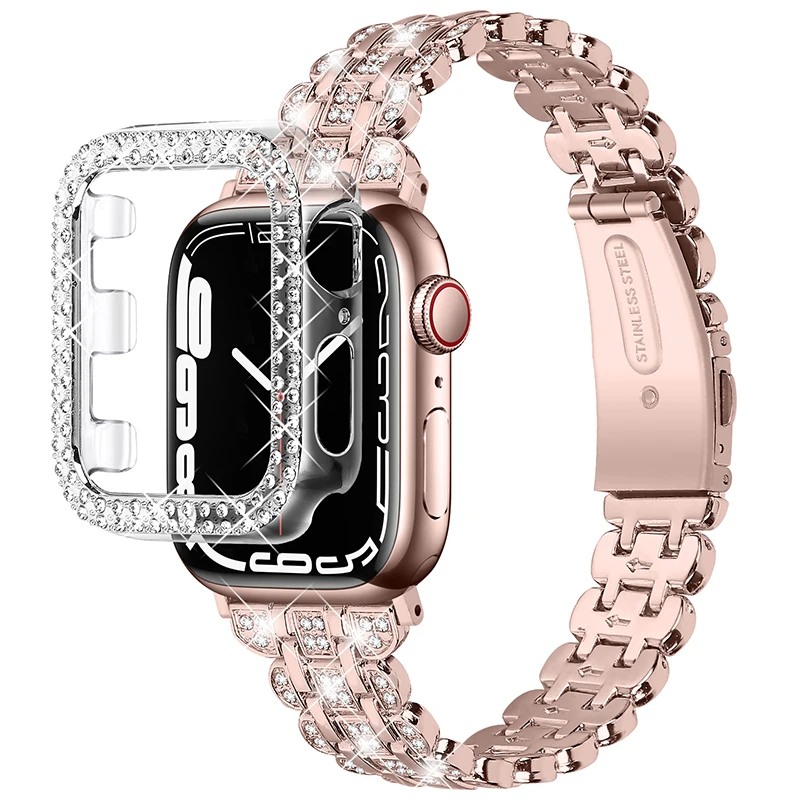 For Apple Watch Series 1 / 2 / 3 38mm Rhinestone Decor Stainless Steel Smart Watch Band with Hollow-Out PC Watch Case - Pink / G