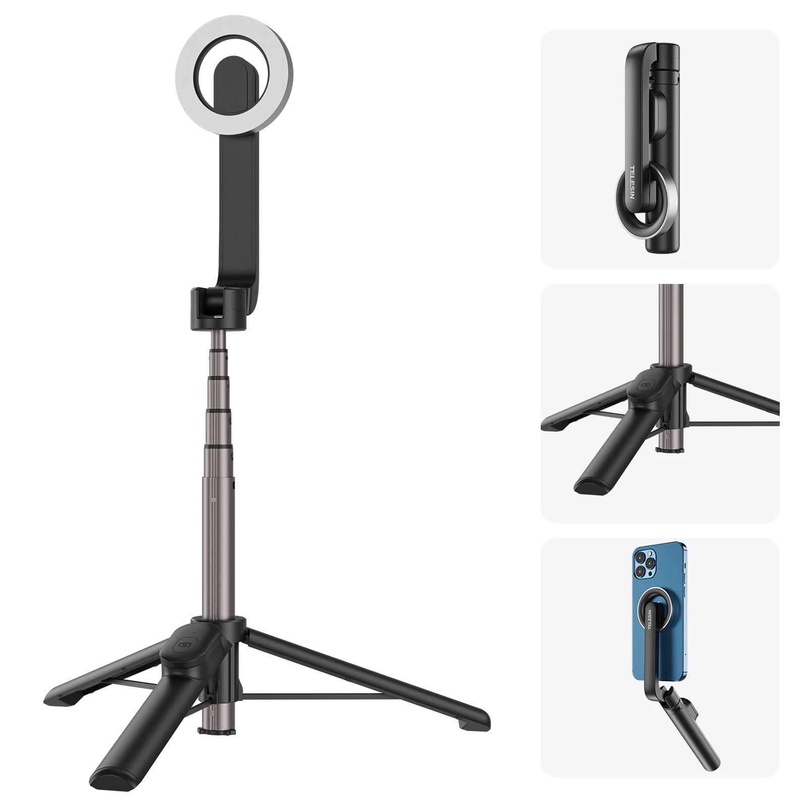 TELESIN 360° Swivel Mini Magnetic Selfie Stick Tripod with BT Remote For iPhone 16 15 14 13 12 Pro Max For HUAWEI XIAOMI SAMSUNG