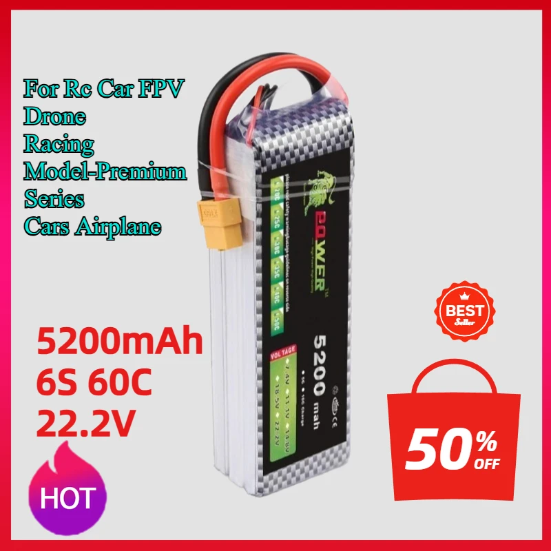 5200mAh 6S 60C 22.2V LiPo Battery for RC Car FPV Drone Racing Model Premium Series with T XT60 XT90 Plug Airplane Battery Pack