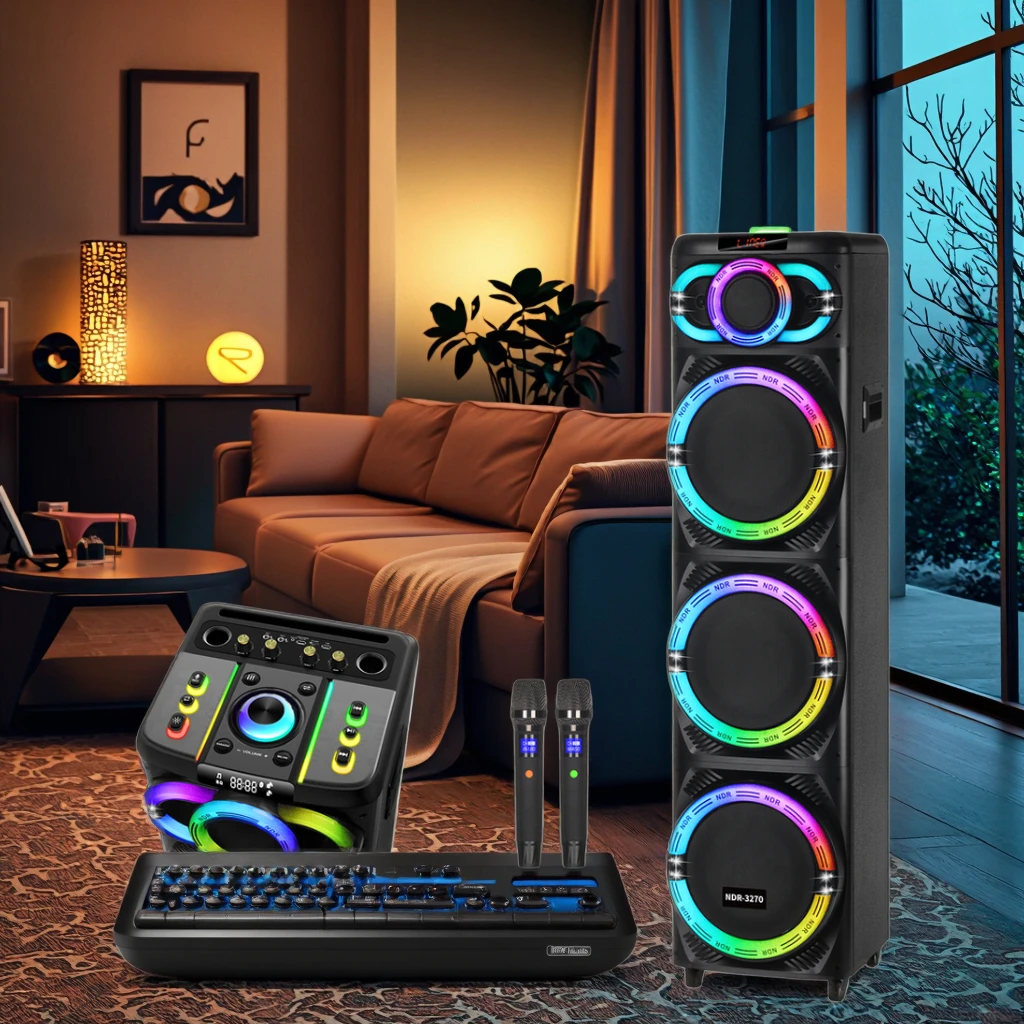 NDR-3270 12-Inch Portable Wireless Trolley Subwoofer RGB LED 100W Home Audio Speakers For Karaoke Home Theatre Parties Battery