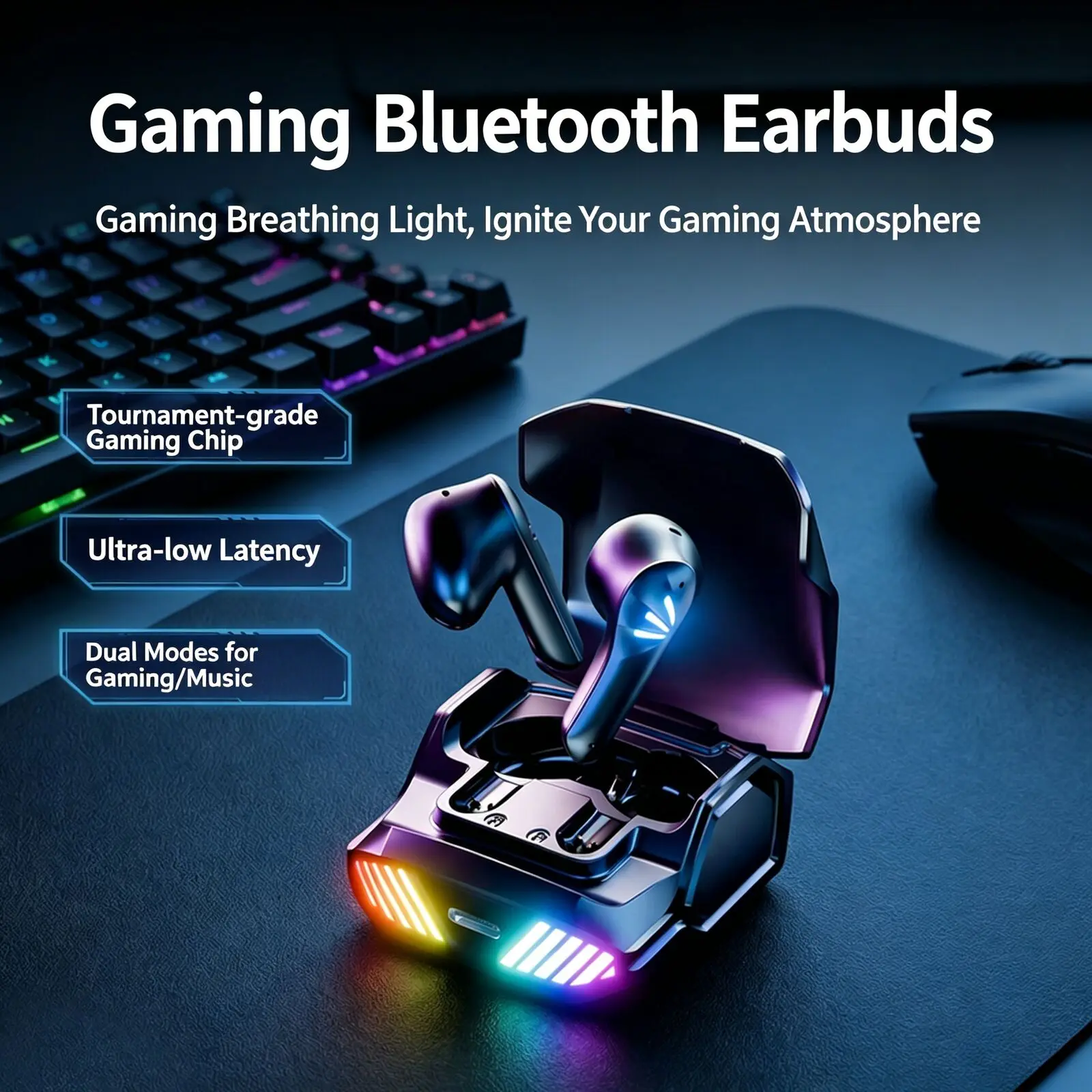 Bluetooth 5.4 Dual Chips Low Latency Gaming Headset RGB Luminous Breathing Light Digital Display Mechanical Design in Ear Earbud