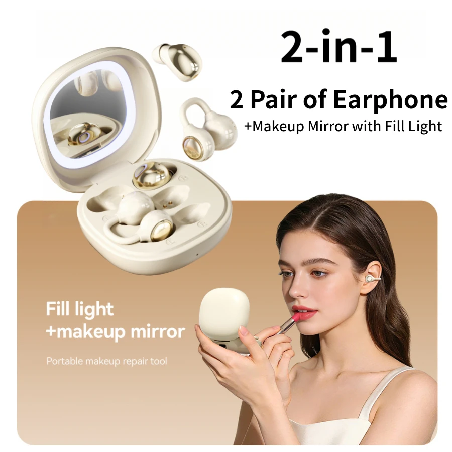 2-in-1 Bluetooth Wireless Earbuds With Makeup Mirror, HIFI Sound Low Latency Long Battery Life Sleep Music Headset Couple Gift
