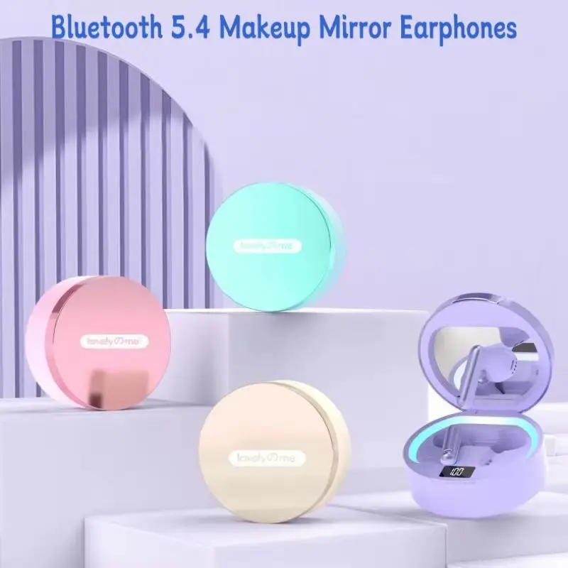 Makeup Mirror Bluetooth Wireless Earphones 5.4 Rechargeable Battery Display Dual Microphone HIFI Earphones For Girls As a Gift