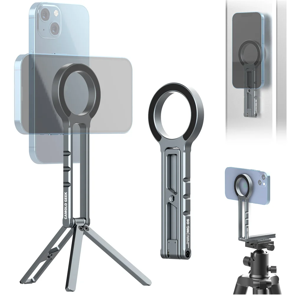 Dual-sided Magnetic Phone Tripod w 1/4-20 for iPhone 16 15 14 13 12 Pro/Pro Max Phone Handle Tripod Desk Mount Outdoor Travel