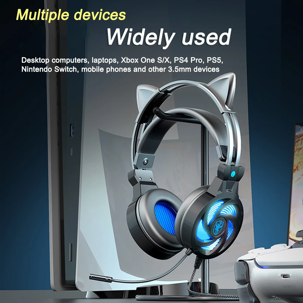 Cat Ear PS5 Headphones with RGB LED Light Flexible Mic Gaming Headset 3.5mm 3D Surround Sound Computer Earphones for PC Gamer