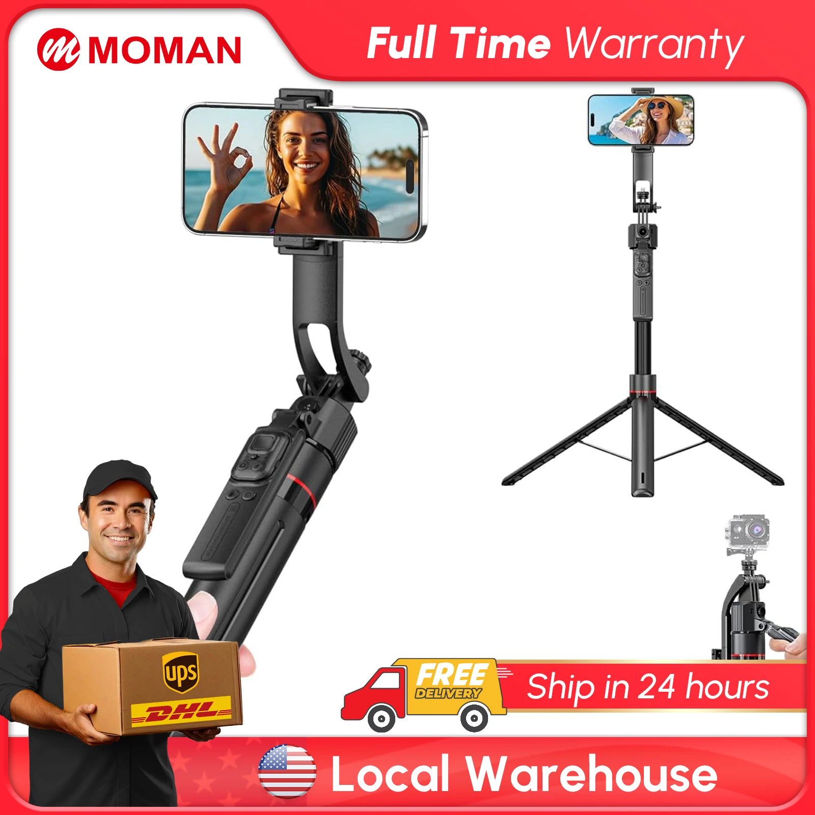 Moman Auto Face Tracking Phone Tripod 69" Auto-Open Extendable Selfie Stick Stand TT07 360° Rotation & Remote for iPhone An