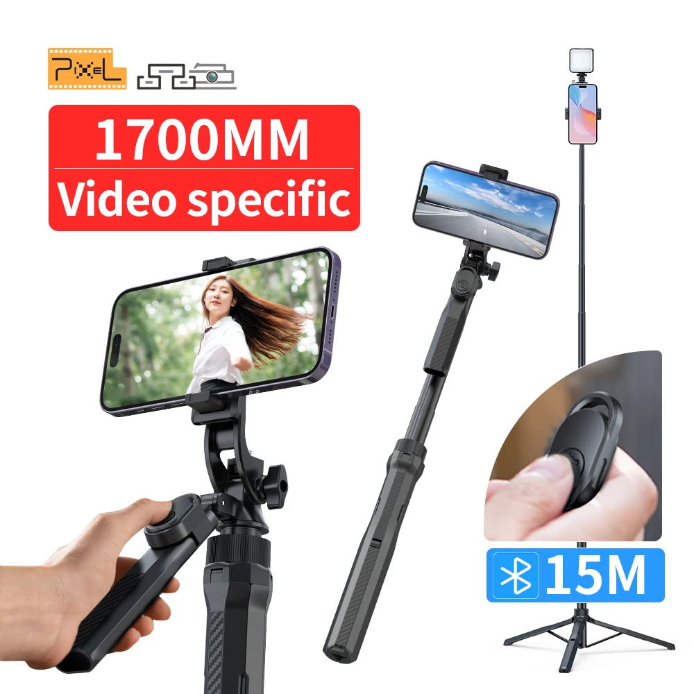Pixel 170cm Wireless Selfie Stick Tripod Foldable Stand for iPhone with Bluetooth Remote Control Handheld Head Stabiliser