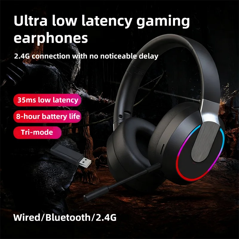 Tri-mode Headset Gaming RGB Light Effect Low Latency 2.4G Bluetooth Wired Pluggable Microphone Rechargeable Gaming Earphone