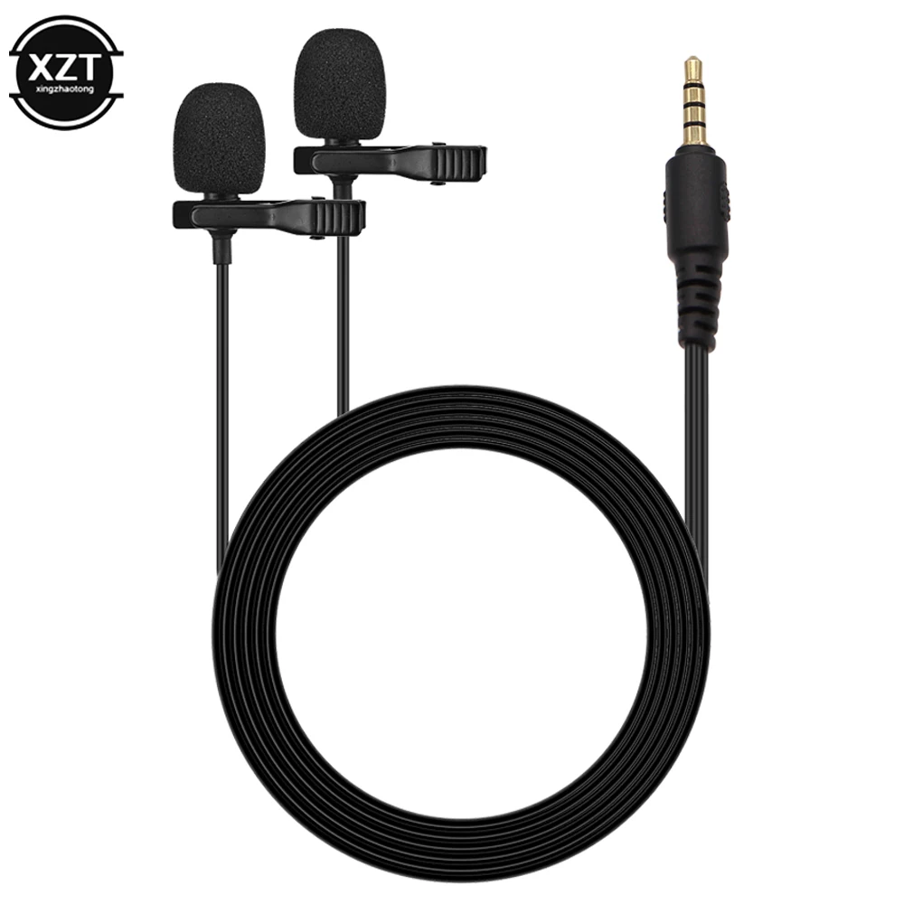 2M Dual Head Mini Portable 3.5MM Audio Microphone Lavalier Lapel Wired Mic Clip for Ios Android Smartphone PC Laptop Recording